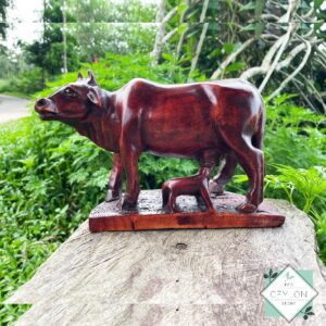 Wooden Cow with Calf Statue