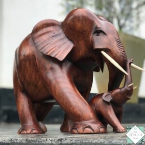 Mother Elephant and Trunk up Baby Elephant Sclpture