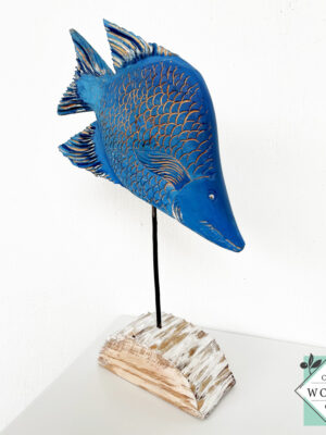 Hand-carved wooden tropical blue fish on stand. Perfect for coastal, beach house, or nautical decor. Eco-friendly and artisan-made.