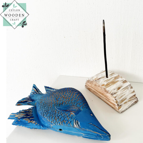 Hand-carved wooden tropical blue fish on stand. Perfect for coastal, beach house, or nautical decor. Eco-friendly and artisan-made.