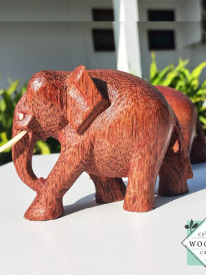 hand-carved coconut wood Set of two elephant figures with tusks. Handmade in Sri Lanka. Perfect for gifts, decor, or meaningful souvenirs.
