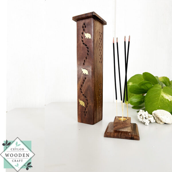 Handcrafted mahogany incense holder with hidden design. Holds up to 4 sticks. Ideal for meditation, aromatherapy, and elegant home decor.