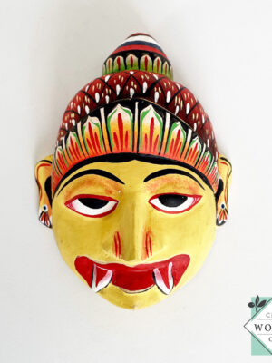 Authentic Ceylon Sanni mask - handcrafted yellow wooden cultural wall decor from Sri Lanka. Traditional Dewa Sanni healing mask by skilled artisans. Collectible art.
