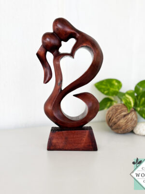Handcrafted wooden lovers statue in mahogany - romantic heart sculpture gift. Perfect for anniversaries, Valentine's Day. Premium 12" art.