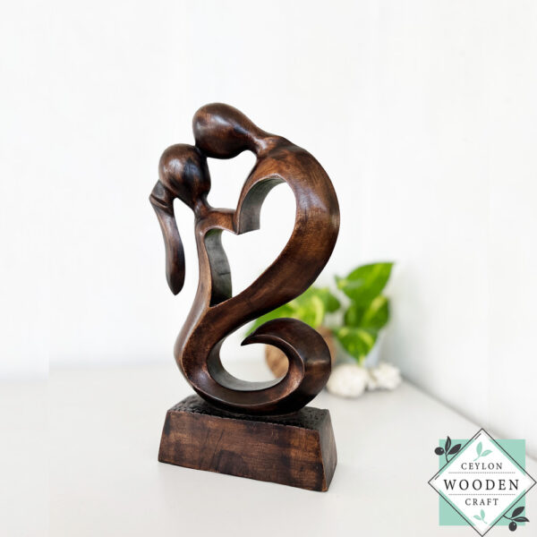 Handcrafted wooden lovers statue in mahogany - romantic heart sculpture gift. Perfect for anniversaries, Valentine's Day. Premium 12" art.