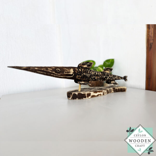 Handcrafted wood seer fish sculpture 20" long. Perfect coastal home decor & fishing lover gift. Skilled artisan carved wooden barracuda with lifelike finish.