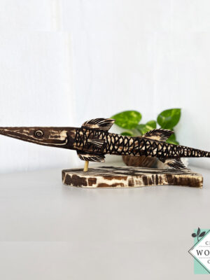 Handcrafted wood seer fish sculpture 20" long. Perfect coastal home decor & fishing lover gift. Skilled artisan carved wooden barracuda with lifelike finish.