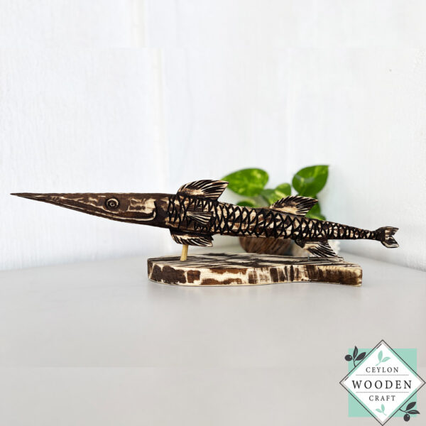 Handcrafted wood seer fish sculpture 20" long. Perfect coastal home decor & fishing lover gift. Skilled artisan carved wooden barracuda with lifelike finish.